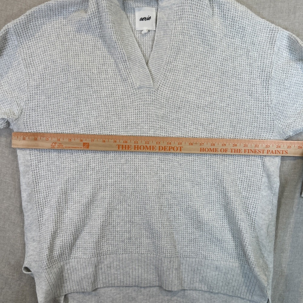 Aerie Women Pullover Sweater Collared V Neck Waffle Oversized Light Gray Medium - Picture 6 of 12